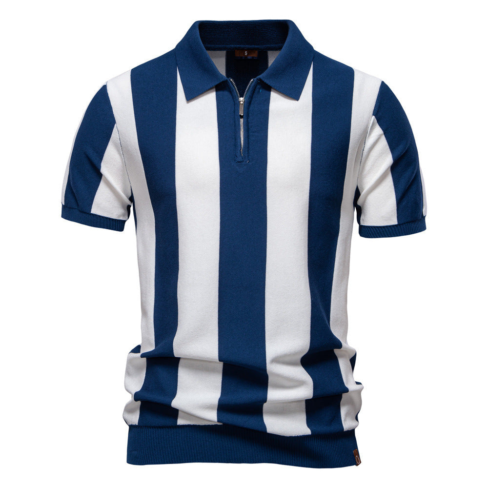 Men’s Lapel Short-Sleeved Woolen Polo Shirt – Classic Striped Summer Top for Casual & Smart Wear