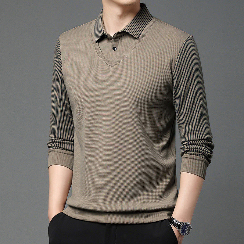Men’s Business Casual Fake Two-Piece Striped Sleeve T-Shirt – Comfortable Polyester Blend for Daily Leisure