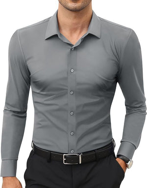Men’s Full Elastic Long Sleeve Shirt – Simple Solid Color Stretch Cardigan for Daily Wear