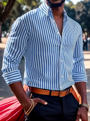 Ins Stripe Printed Long Sleeve Shirt for Men – Casual Loose Lapel Button Top Fashion Daily Wear