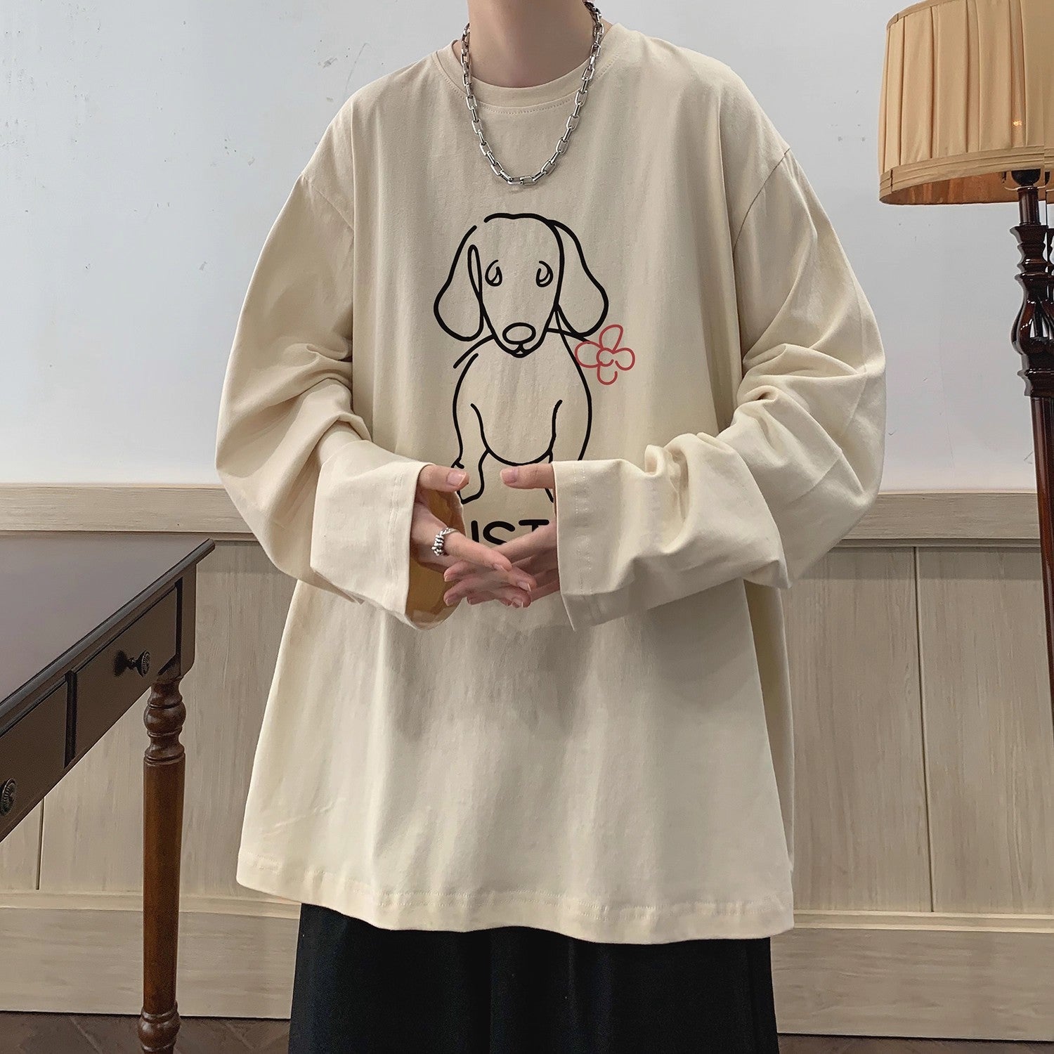 Cartoon Puppy Printed Long Sleeve T-shirt - Casual Loose Pullover for Autumn | Available in Multiple Colors