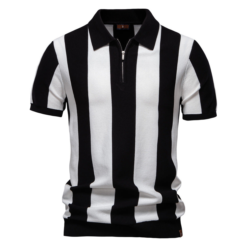 Men’s Lapel Short-Sleeved Woolen Polo Shirt – Classic Striped Summer Top for Casual & Smart Wear