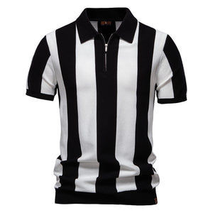 Men’s Lapel Short-Sleeved Woolen Polo Shirt – Classic Striped Summer Top for Casual & Smart Wear
