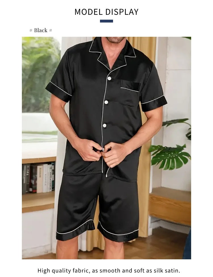 Men's Summer Satin Lapel Homewear Set – Thin Breathable Short-Sleeved Sleepwear Suit for Cool Comfort