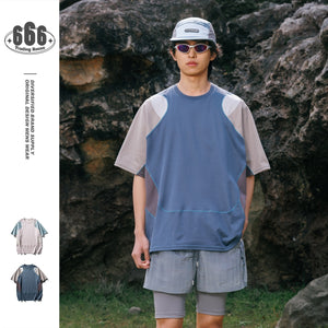 Men's Patchwork Contrast Color Sports T-shirt | Loose Fit Cotton Blend Summer Top