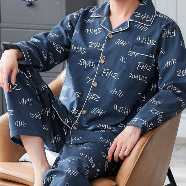 Men’s Cotton Long-Sleeve Pajama Set – Loose Trousers & Top | Comfortable Autumn and Winter Homewear for Men