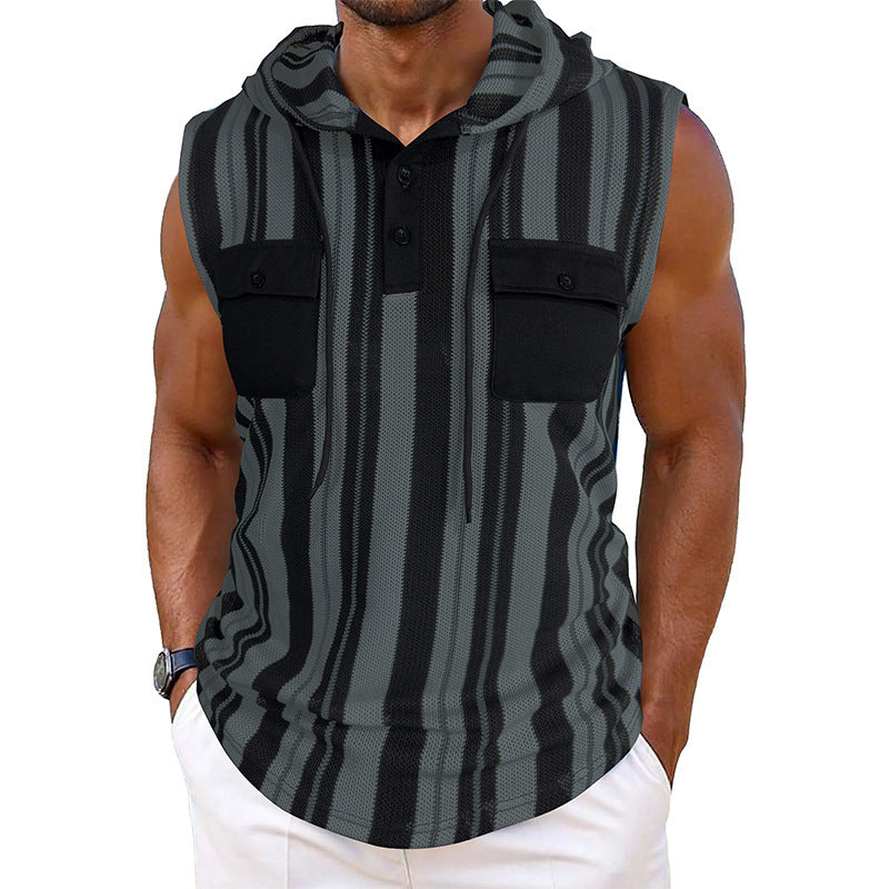Men’s Striped Sleeveless Hooded Vest with Pocket | Casual Summer Streetwear Tank Top