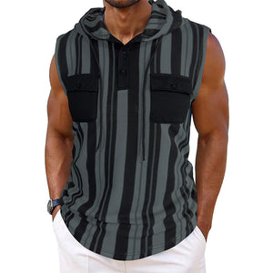 Men’s Striped Sleeveless Hooded Vest with Pocket | Casual Summer Streetwear Tank Top