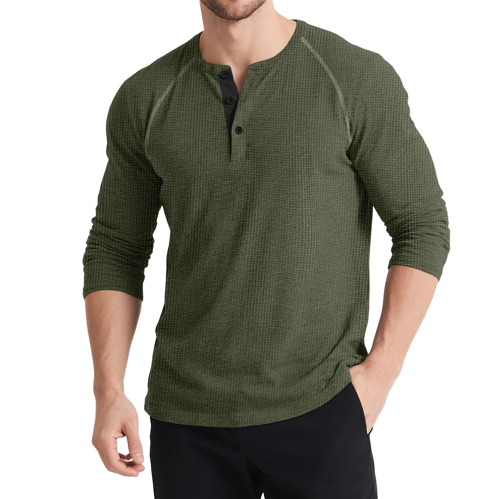 Men’s Retro Three-Button Color Block Sweater – Casual Cotton Blend Long Sleeve T-Shirt