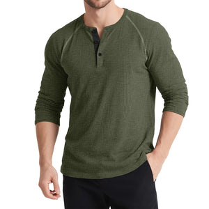 Men’s Retro Three-Button Color Block Sweater – Casual Cotton Blend Long Sleeve T-Shirt