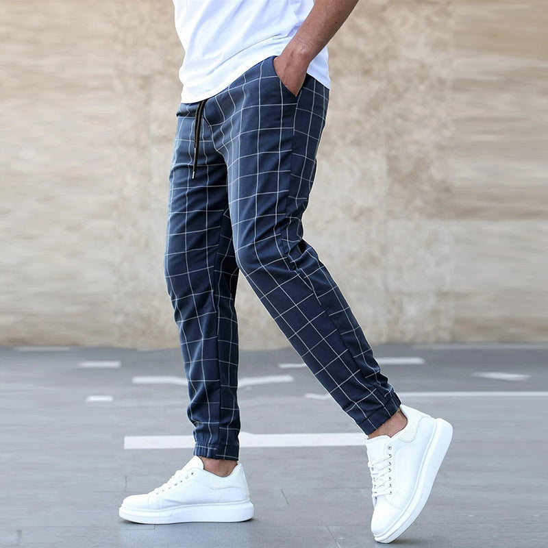 Men’s Fashion Plaid Print Pants – Casual Straight-Leg Trousers with Drawstring for Comfortable Spring Wear