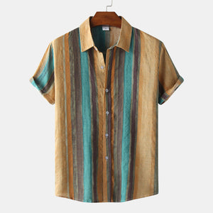 New Men’s Contrast Color Striped Shirt – Cotton Casual Short Sleeve Top for Summer Style