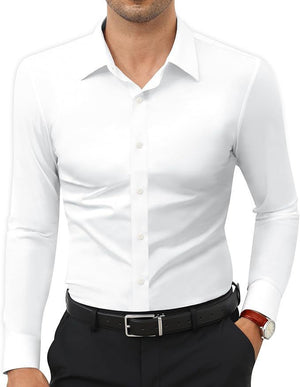 Men’s Full Elastic Long Sleeve Shirt – Simple Solid Color Stretch Cardigan for Daily Wear