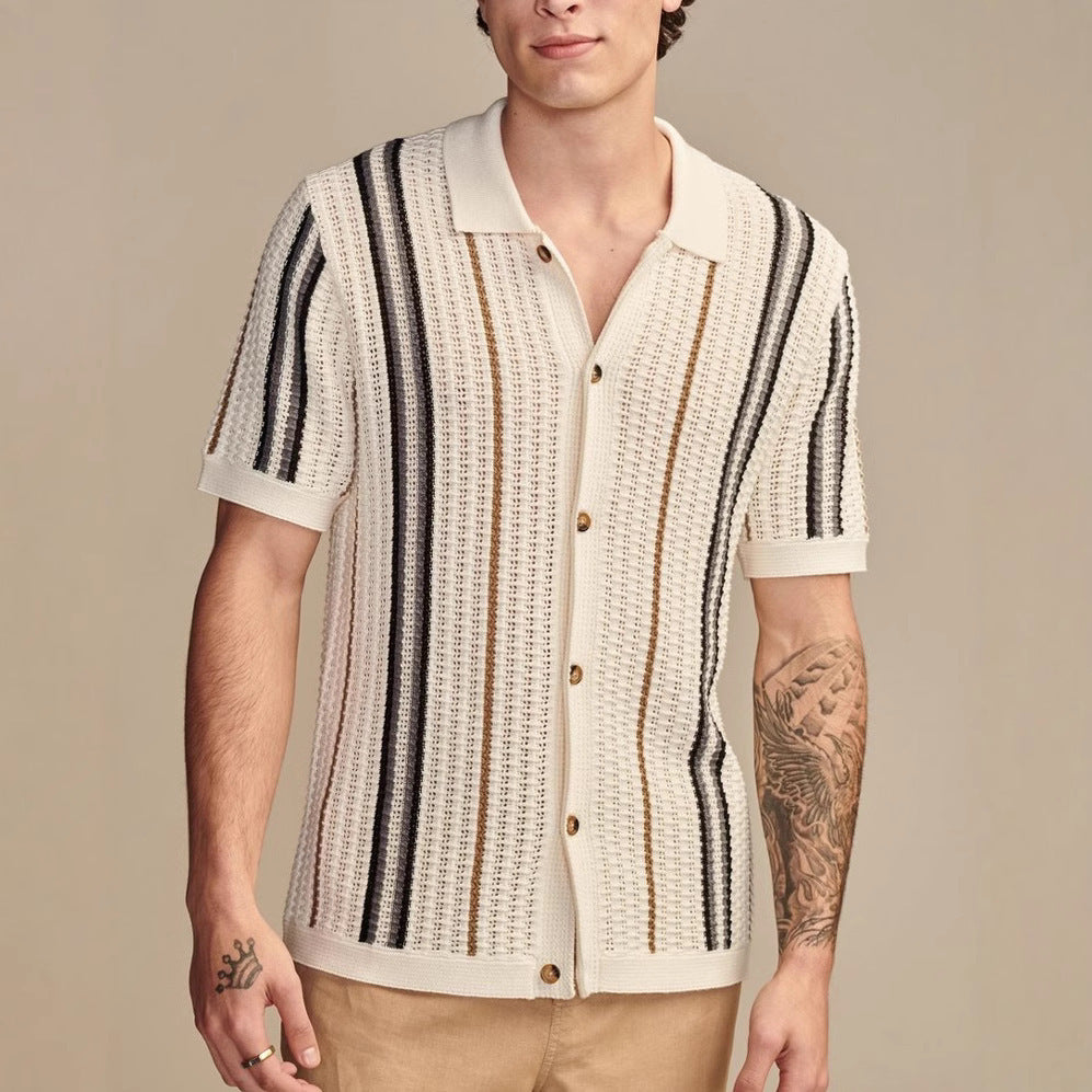 Men’s Hollow-out Knitted Polo Cardigan | Breathable Striped Short Sleeve Casual Shirt