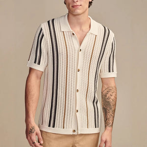 Men’s Hollow-out Knitted Polo Cardigan | Breathable Striped Short Sleeve Casual Shirt