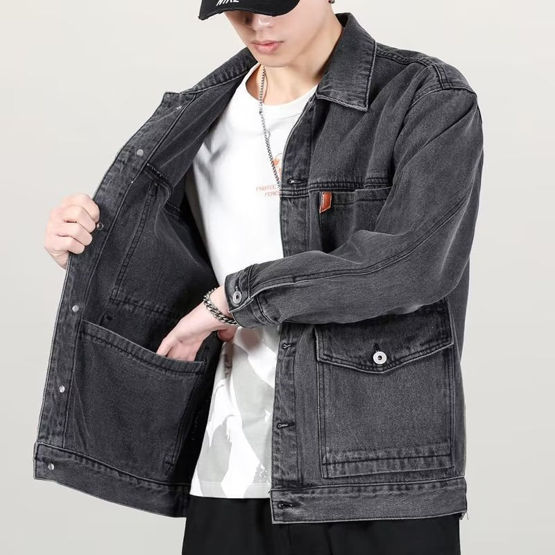 Men’s Vintage Denim Jacket – Smoky Gray, Loose Fit Casual Outerwear
