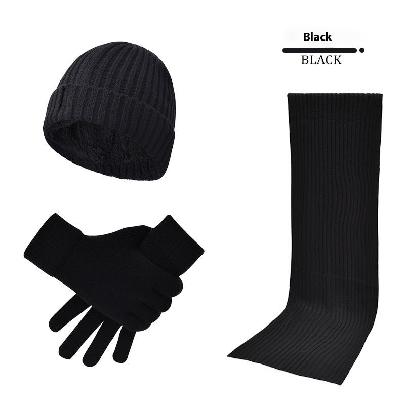 Men & Women Wool Hat Scarf Gloves Set – Thickened Knitted Winter Warm Three-Piece Set | Solid Color
