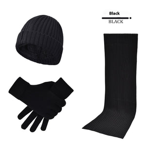 Men & Women Wool Hat Scarf Gloves Set – Thickened Knitted Winter Warm Three-Piece Set | Solid Color