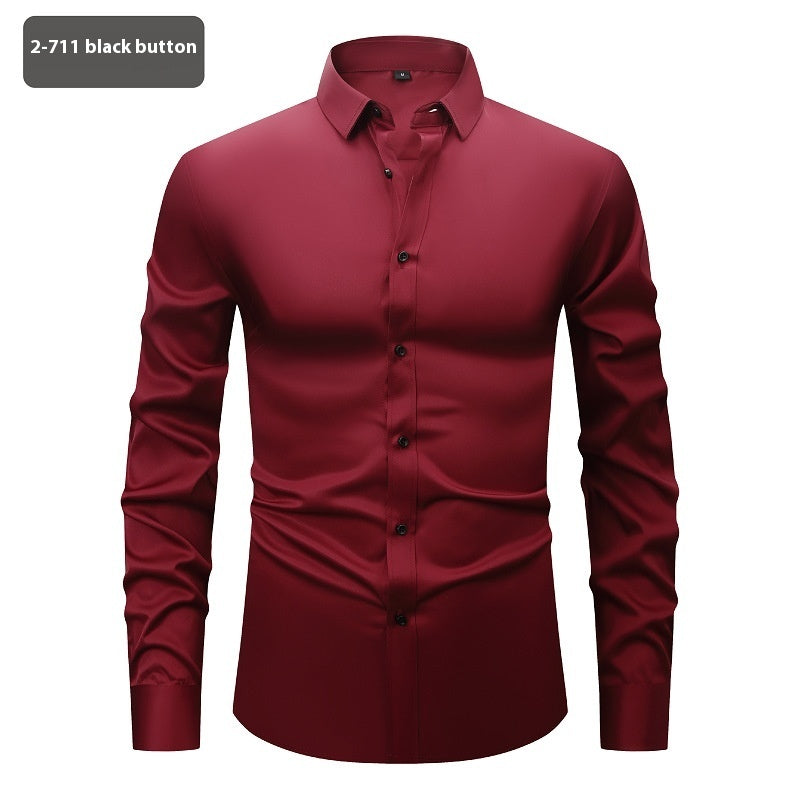 Men’s Long Sleeve Stretch Shirt – Fashionable Solid Color Loose Fit Top for Casual & Daily Wear