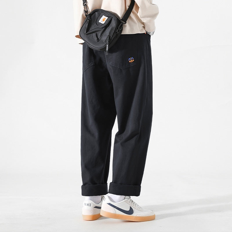 Men's Loose Cargo Pants Cotton Straight Casual Trousers Drawstring Mid-Waist Leisure Pants
