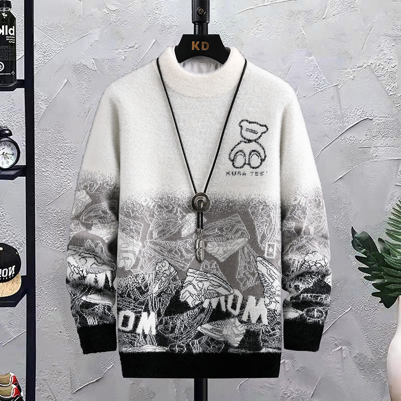 Men’s Patchwork Hip Hop Crew Neck Sweater – Loose Fit Thick Cotton Pullover, Winter Casual Top