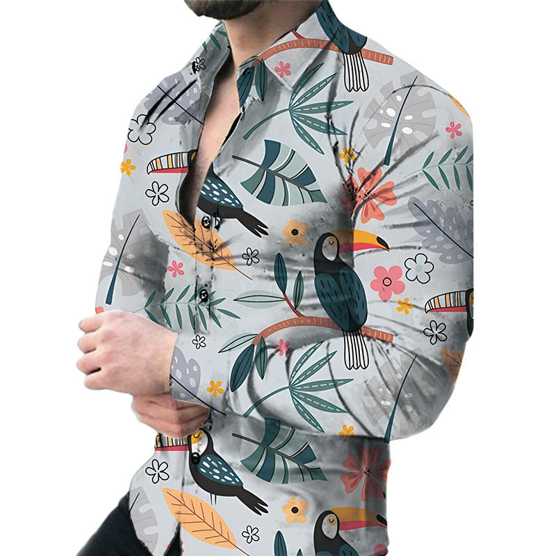 Men’s Casual Long Sleeve Floral Shirt – Lightweight Printed Cardigan Style Lapel Top for Daily Wear
