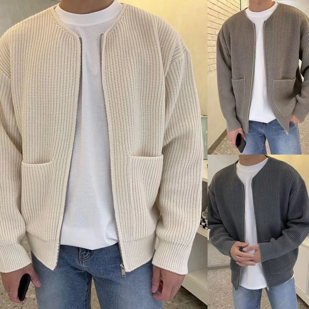 Men's Zip-Up Knitted Cardigan – Funnel Neck Sweater with Pockets, Soft, Comfortable, All-Season Long Sleeve Coat