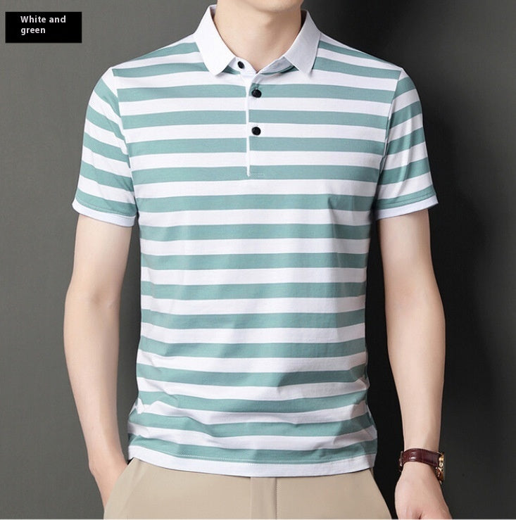 Summer Men’s Cotton Ice Silk Polo T-shirt – Striped Short Sleeve Youth Undershirt for Daily Wear