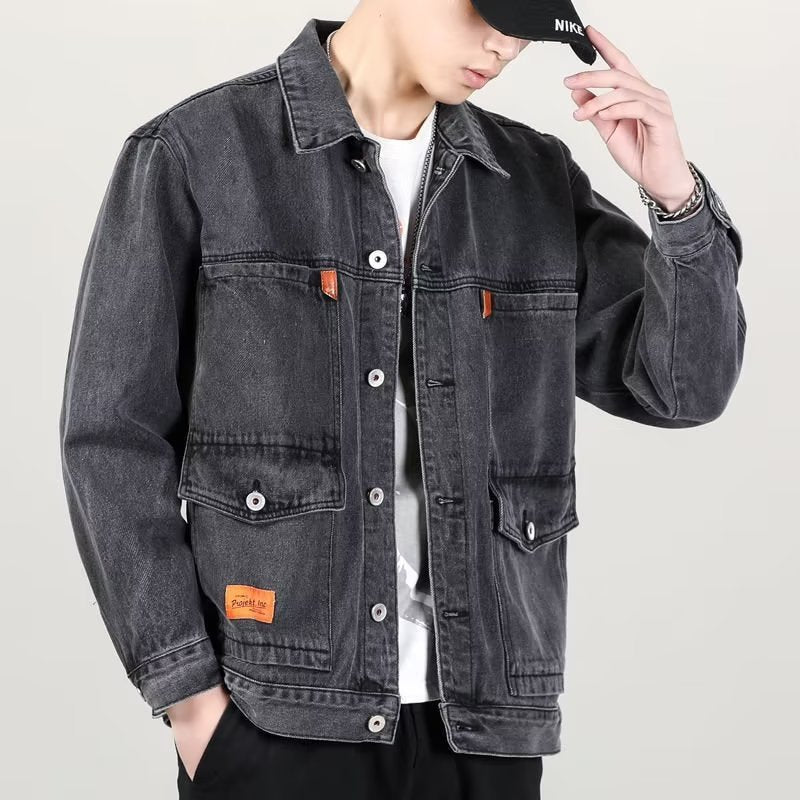Men’s Vintage Denim Jacket – Smoky Gray, Loose Fit Casual Outerwear