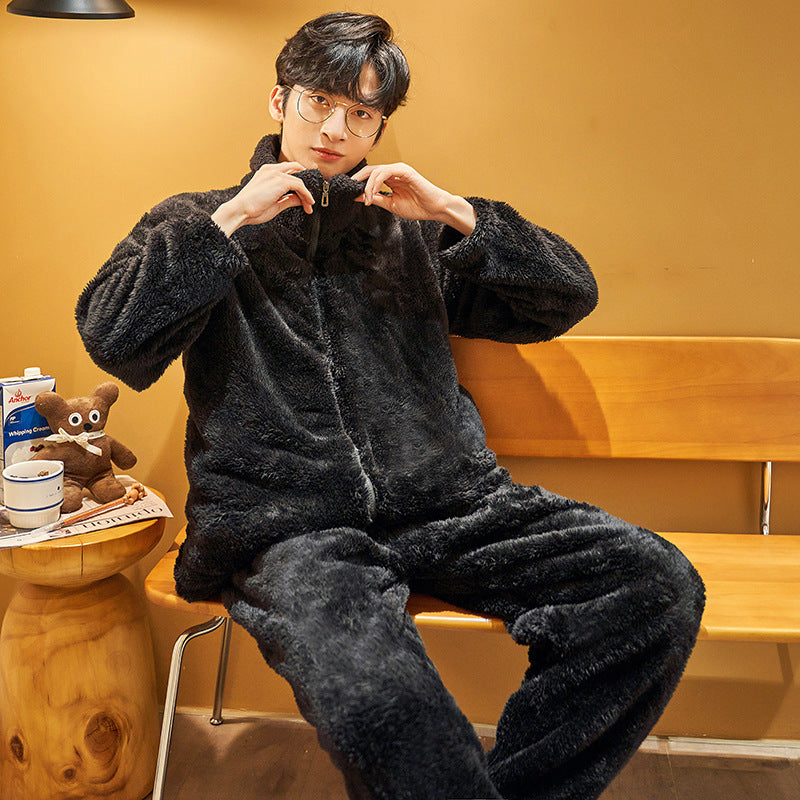 Plush Couple Thermal Zipper Suit – Thick Flannel Homewear Set for Men and Women