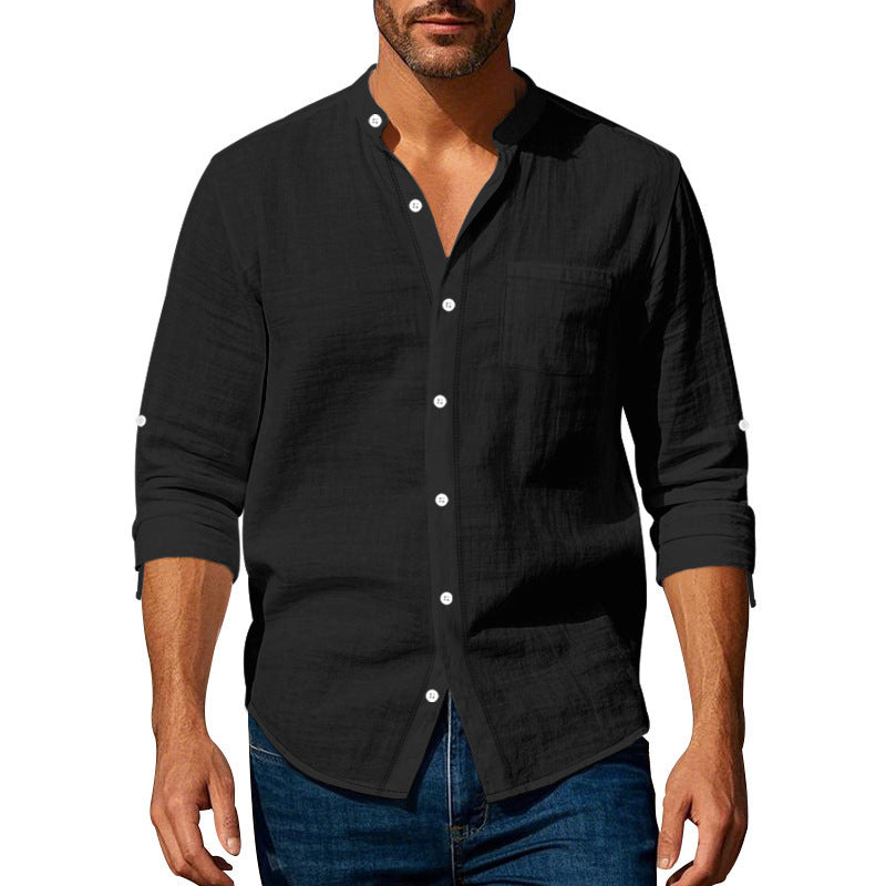 Men’s Long Sleeve Stand Collar Linen Shirt with Pockets – Casual Lightweight Button Down Top for Everyday Wear