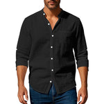 Men’s Long Sleeve Stand Collar Linen Shirt with Pockets – Casual Lightweight Button Down Top for Everyday Wear