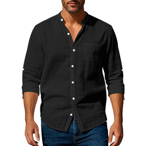 Men’s Long Sleeve Stand Collar Linen Shirt with Pockets – Casual Lightweight Button Down Top for Everyday Wear
