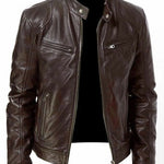 Men’s PU Leather Jacket – Slim-Fit Zipper Jacket in Khaki, Brown, and Black for Business and Casual Wear