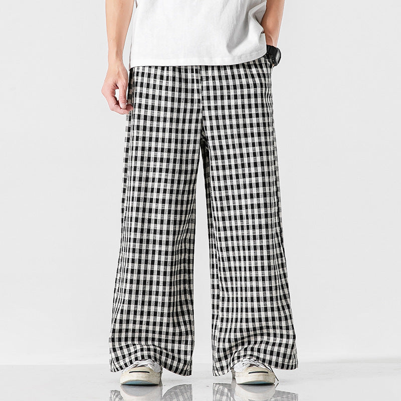 Men’s Summer Cotton Linen Plaid Baggy Pants – Chinese Style, Loose Fit, Plus Size Casual Trousers