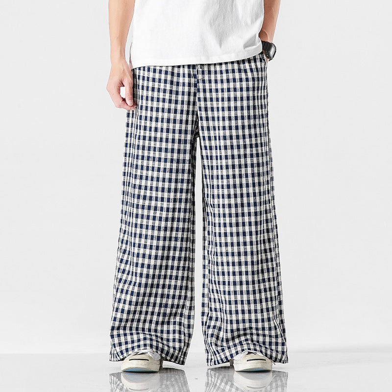 Men’s Summer Cotton Linen Plaid Baggy Pants – Chinese Style, Loose Fit, Plus Size Casual Trousers