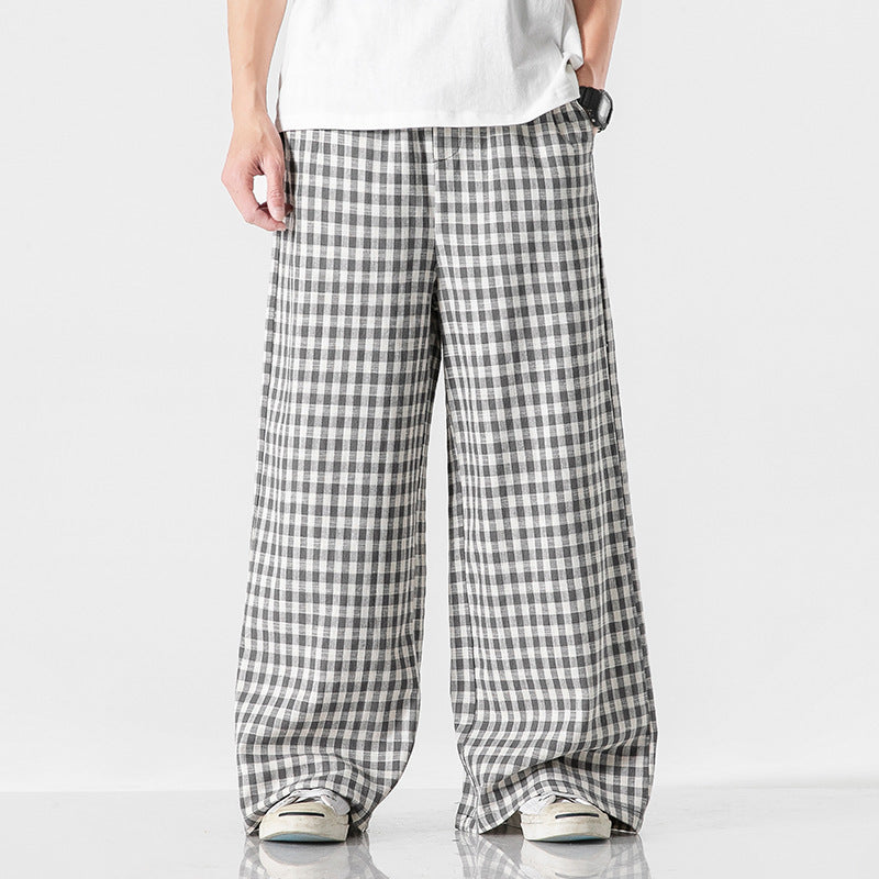 Men’s Summer Cotton Linen Plaid Baggy Pants – Chinese Style, Loose Fit, Plus Size Casual Trousers