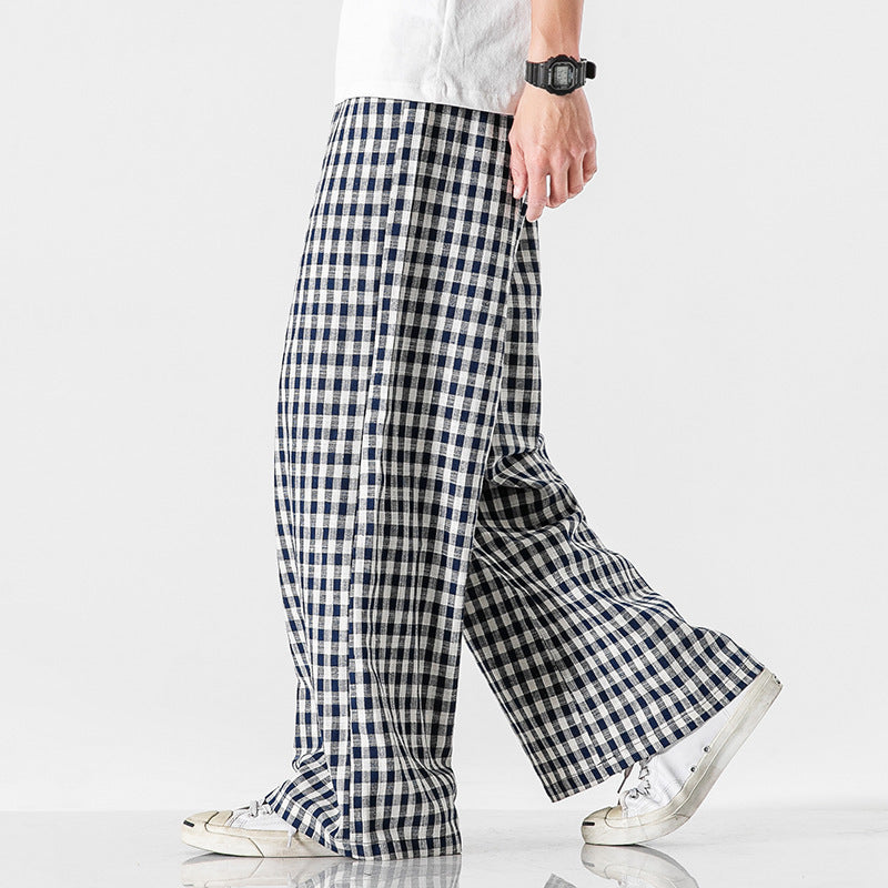 Men’s Summer Cotton Linen Plaid Baggy Pants – Chinese Style, Loose Fit, Plus Size Casual Trousers