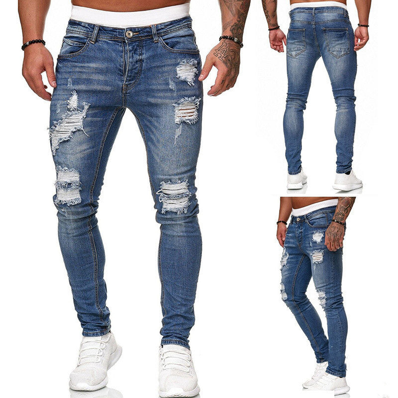 Men’s Street Style Ripped Skinny Jeans – Vintage Wash Slim Fit Pencil Denim Pants