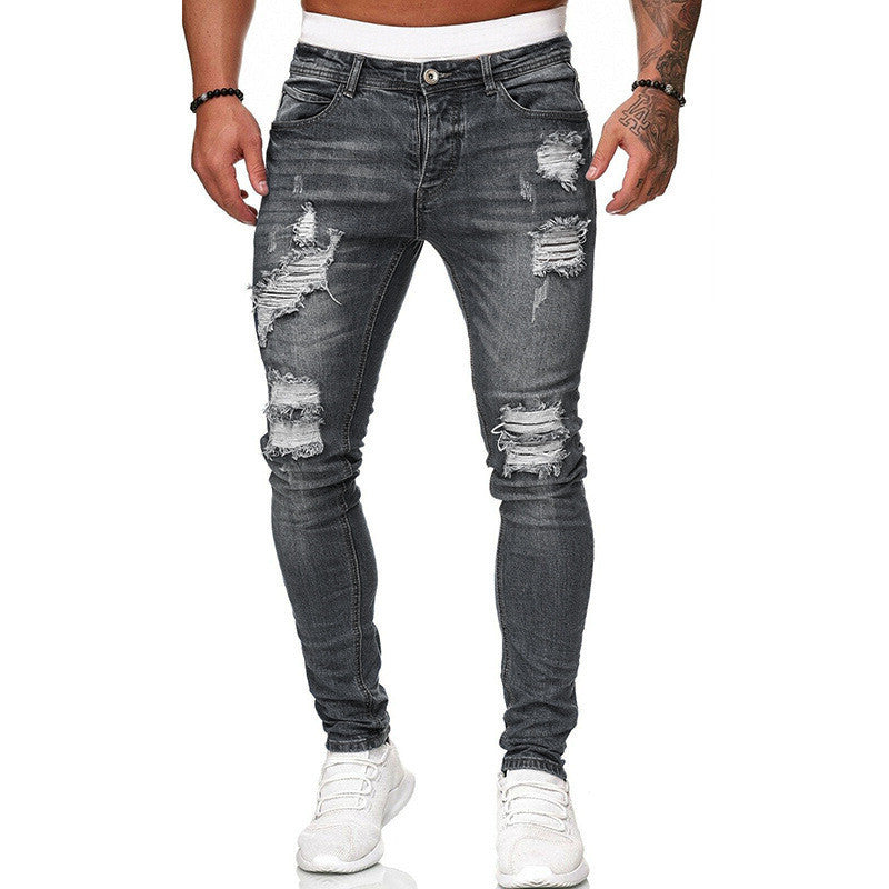 Men’s Street Style Ripped Skinny Jeans – Vintage Wash Slim Fit Pencil Denim Pants