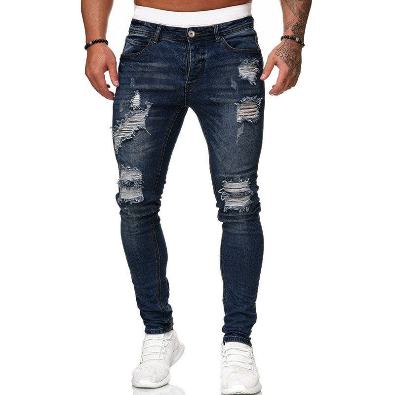 Men’s Street Style Ripped Skinny Jeans – Vintage Wash Slim Fit Pencil Denim Pants