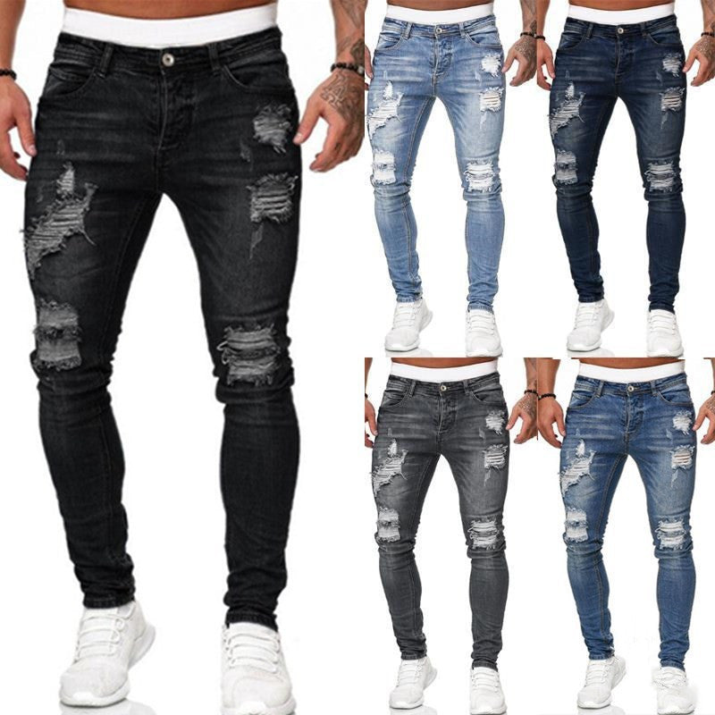 Men’s Street Style Ripped Skinny Jeans – Vintage Wash Slim Fit Pencil Denim Pants