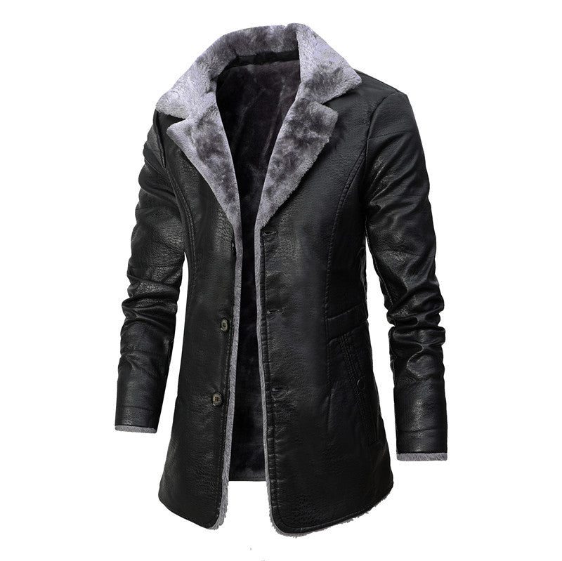 Men’s Plush Lapel Leather Jacket – Winter Warm Fleece Lined Single-Breasted Long Coat