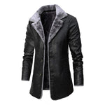 Men’s Plush Lapel Leather Jacket – Winter Warm Fleece Lined Single-Breasted Long Coat