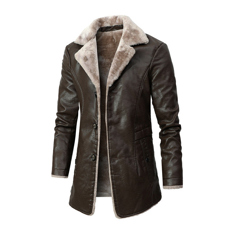 Men’s Plush Lapel Leather Jacket – Winter Warm Fleece Lined Single-Breasted Long Coat