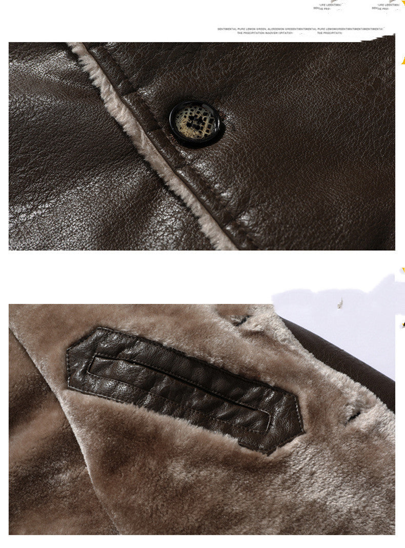 Men’s Plush Lapel Leather Jacket – Winter Warm Fleece Lined Single-Breasted Long Coat