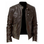 Men’s Zip-Up PU Leather Cardigan Jacket – Stand Collar Short Coat with Pockets and Stylish Fit
