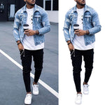 Lapel Men's Denim Jacket Ripped Irregular Washed | Hip Hop Fit-Type Coat | Stylish Light Blue Cotton Blend