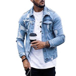 Lapel Men's Denim Jacket Ripped Irregular Washed | Hip Hop Fit-Type Coat | Stylish Light Blue Cotton Blend