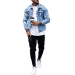 Lapel Men's Denim Jacket Ripped Irregular Washed | Hip Hop Fit-Type Coat | Stylish Light Blue Cotton Blend
